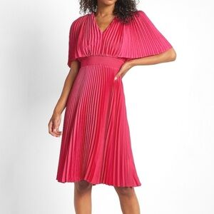 Express Satin Pleated V-Neck Short Flutter Sleeve Midi Dress Pink Size XXS